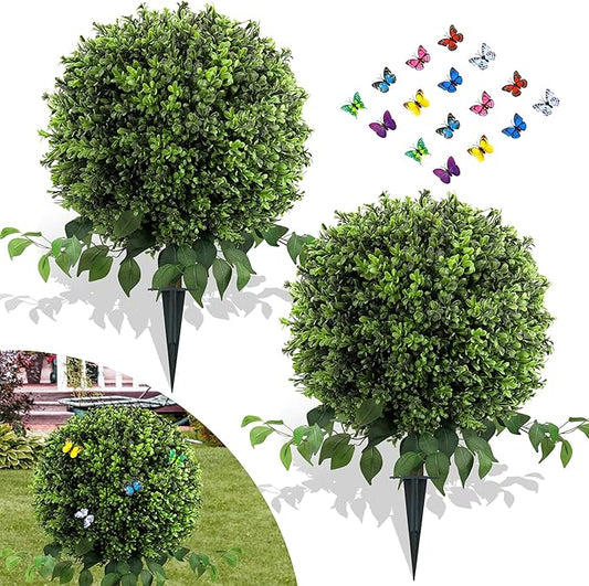 28" Artificial Boxwood Ball Bush, UV Resistant Topiary Tree Faux Boxwood Ball Shaped Porch Bushes with Ground Spike Artificial Bushes for Outdoors Front Door Decor Home Garden