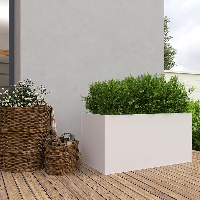 White Steel Planter Outdoor Indoor Planter Box Galvanized Steel Metal Large Planters Rectangular Flower Pot 31.5 In L x 16 In W x 16 In H Modern Commercial Residential for Trees Patio Deck Yard Garden
