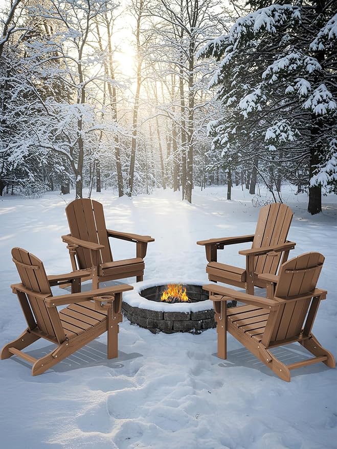 KINGYES Folding Adirondack Chair Set of 6, Dual Cup Holders & All-Weather HDPE, Wood-Like Patio Chair for Backyard, Camping, Pool & Fire Pit, Brown