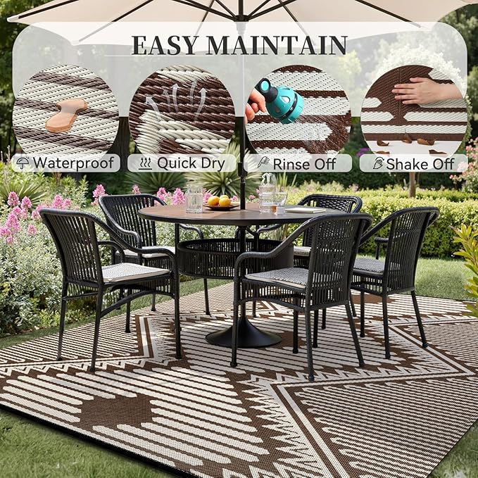 MontVoo Outdoor Rug 8x10 Waterproof Patio Rug-Outdoor Carpet Mat Reversible Plastic Straw Outside Outdoor Rug for RV Camping Picnic Balcony Backyard Pool Deck Porch Modern Boho Beige Brown