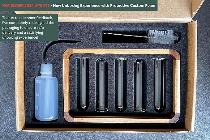 Source & Plot - Plant Propagation Station - Acacia Wood Stand 4 Glass Test Tube Hydroponic Tabletop Rooting Terrarium Planter Rack Home and Office Decor - Last Batch