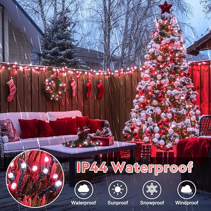 JMEXSUSS 500 LED Red and White Christmas Lights, 173ft 8 Modes Christmas String Lights Outdoor Waterproof Plug in Christmas Tree Lights for House Xmas Tree Party Holiday Decor