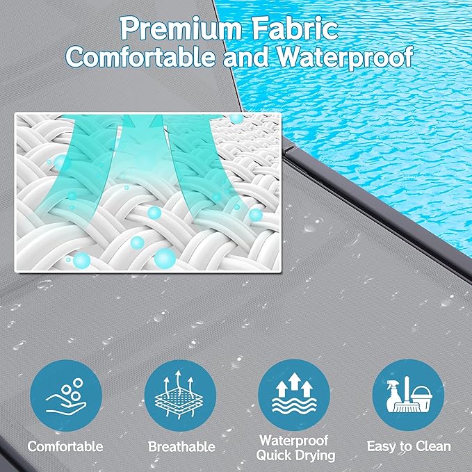 Outdoor Chaise Lounge Chair Set of 2, Foldable & Assemble-Free, 6 Adjustable Positions, Durable Rust-Resistant Frame, Portable Outdoor Pool Lounge Chairs for Pool Patio Beach, Grey