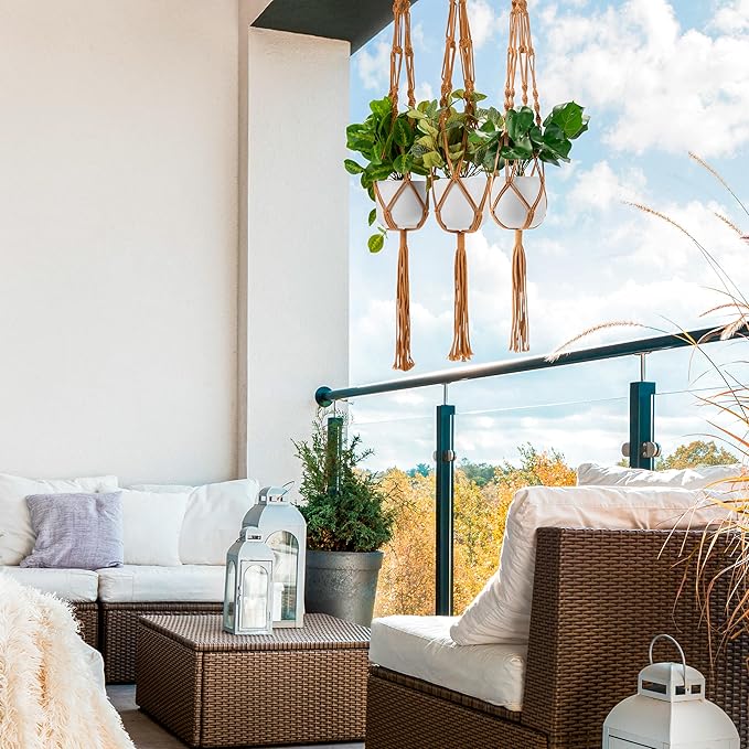 Sorbus Macrame Plant Hanger (8 Pack) Indoor Outdoor Hanging Plant Pots Cotton Rope, Elegant for Home, Patio, Garden (Brown)