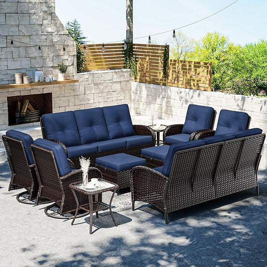 Joyside 10 Piece Patio Furniture Set, Outdoor Wicker Conversation Sets with Swivel Rocker Chairs and Sofa, Thick Cushion, Rattan Patio Sectional for Porch, Deck Use (Brown/Blue, 10 PCS)