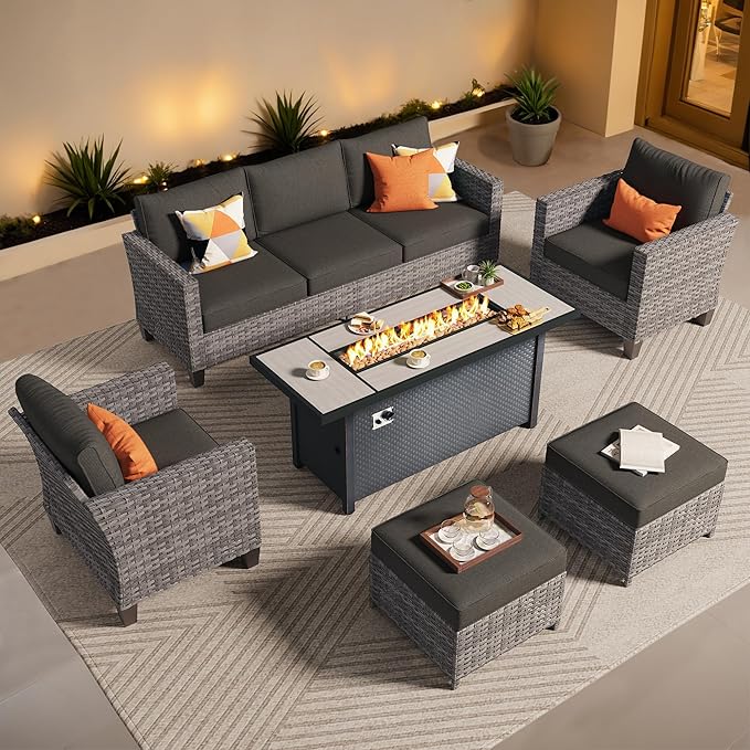 ovios 6 Pieces Patio Furniture Set with 54" Fire Pit Table, Outdoor Wicker Sofa with Comfy Cushions, All Weather High Back Rattan Couch Conversation Set, Black