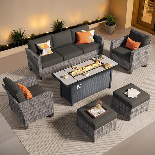 ovios 6 Pieces Patio Furniture Set with 54" Fire Pit Table, Outdoor Wicker Sofa with Comfy Cushions, All Weather High Back Rattan Couch Conversation Set, Black