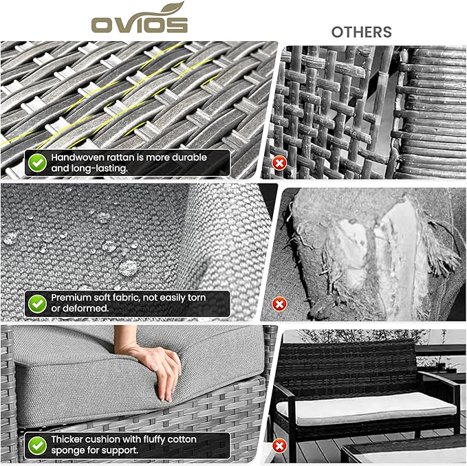 ovios 7 Pieces Patio Furniture Set with 54" Fire Pit Table, Outdoor Wicker Sofa with Comfy Cushions, All Weather High Back Rattan Couch Conversation Set, Dark Grey