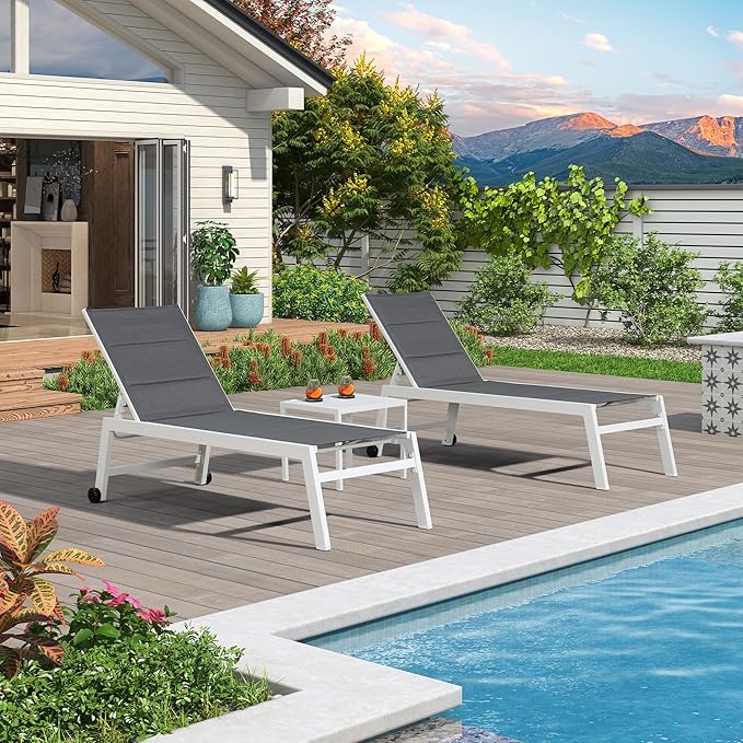 PURPLE LEAF Outdoor Chaise Lounge Set Adjustable Sunbathing Recliner with Side Table for Poolside Beach Outside Patio Aluminum Chaise Lounger Grey