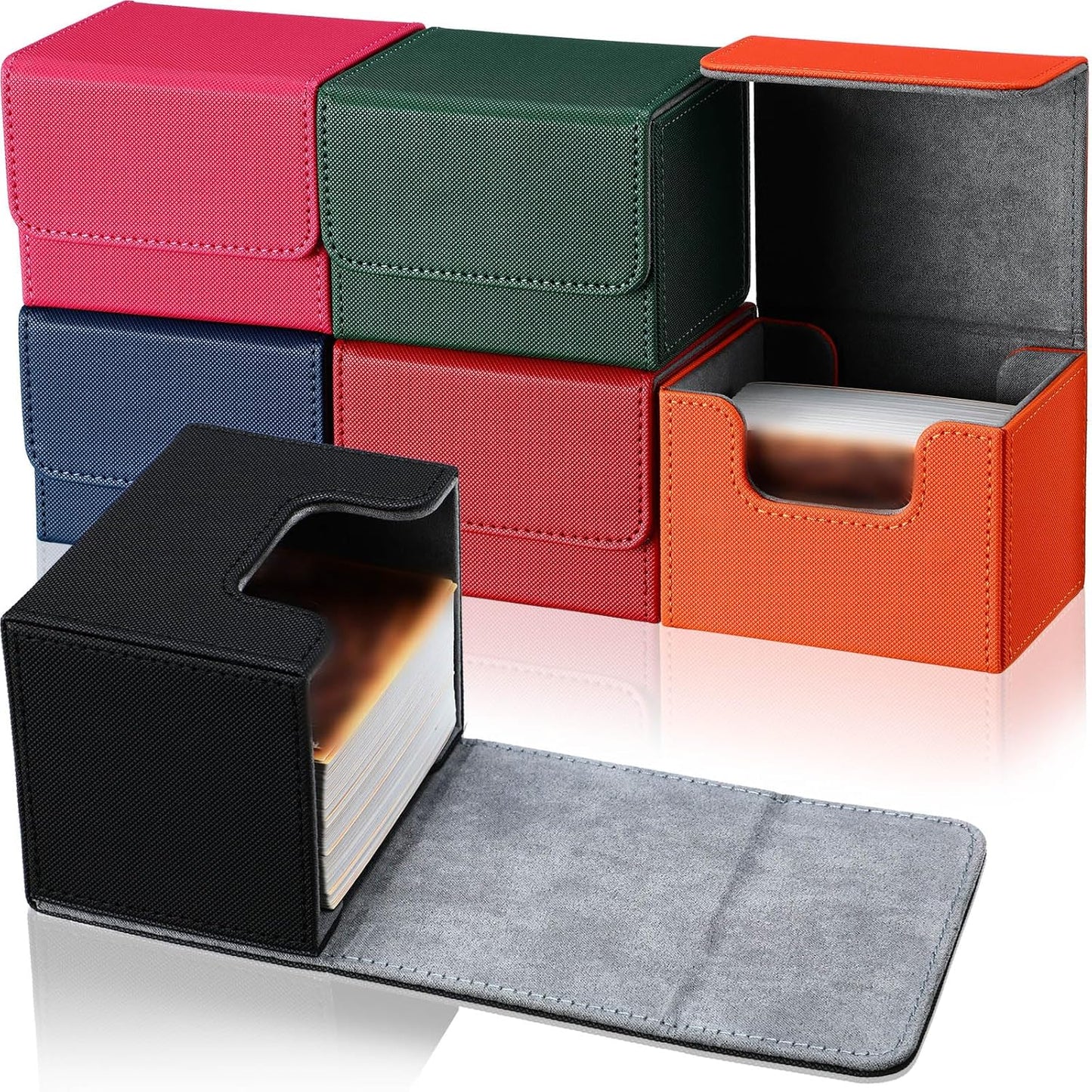 Yookeer 6 Pack Leather Deck Cases 100+ Card Deck Game Box Magnetic Playing Card Storage Box for 100 Plus Cards Compatible with Tcg(Pink,Red,Orange,Black,Blue,Green,Horizontal)
