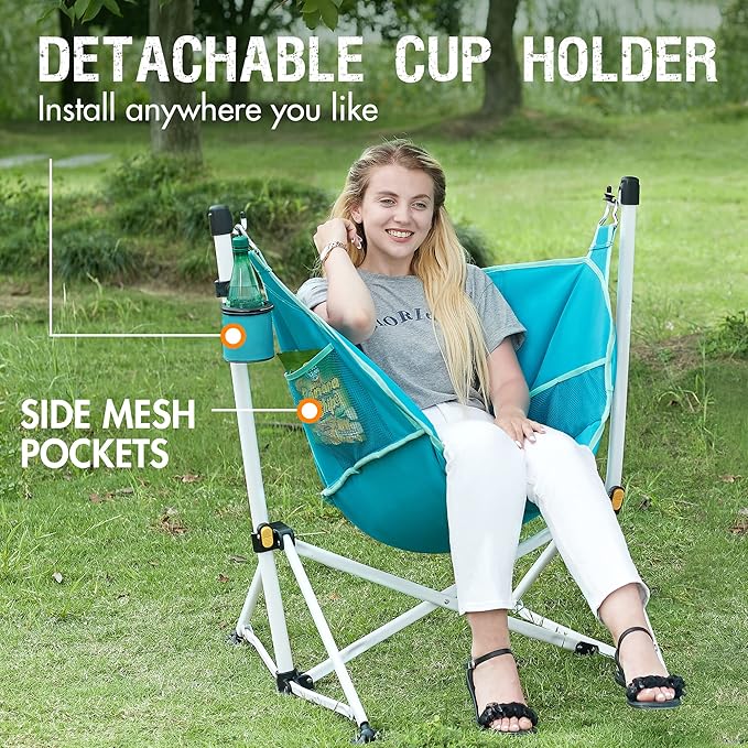 Portal Hammock Camping Chair Folding Rocking Chair Portable Swinging Chair with Cup Holder for Outdoor Lawn Backyard Patio Car Camp Sports Concerts,Support 350 lbs Blue