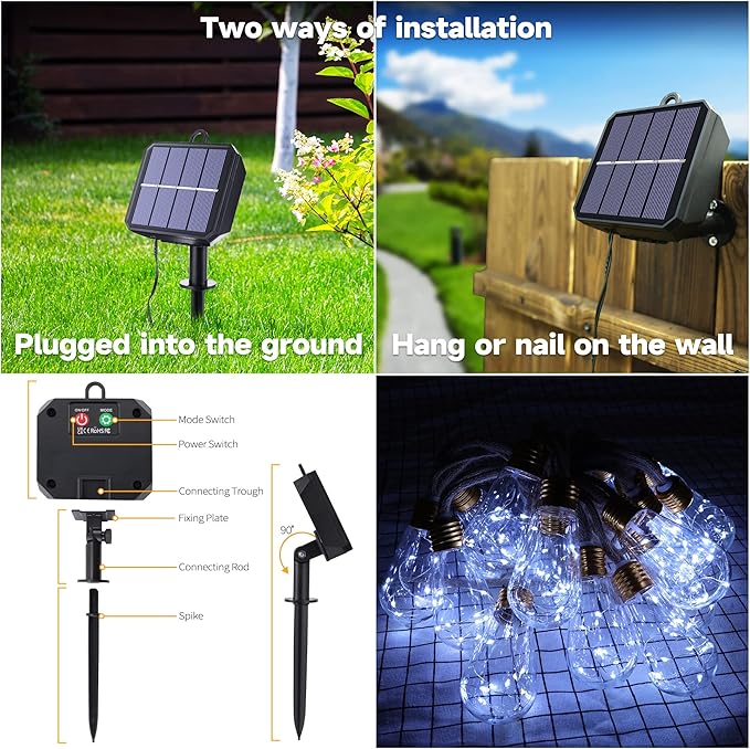 Solar Outdoor String Lights, 2 Pack 20Ft Vintage Rope Hemp Solar Patio Lights, Waterproof White Solar Powered String Lights With 8 Modes 16 Shatterproof Bulbs for Garden Stairs Balcony Café Bistro