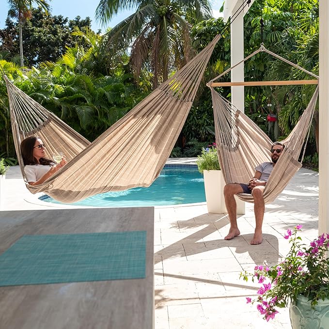 LA SIESTA® - XL King Domingo Hammock Swing Chair & CasaMount - Weather & Tear Resistant Hanging Chair - Outdoor Indoor Hammock Chair w/Suspension Kit for Walls Ceilings Square Beams - Almond