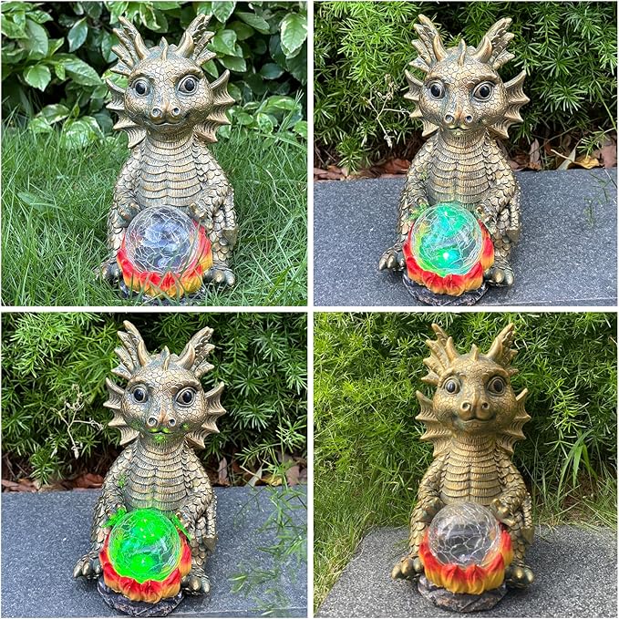 Solar Garden Statue Dragon Figurine with 7-Color Changing Solar Crackle Globe Lights- Loving Dragon for Patio,Balcony,Yard, Lawn-Unique Idea Gifts (Grey)