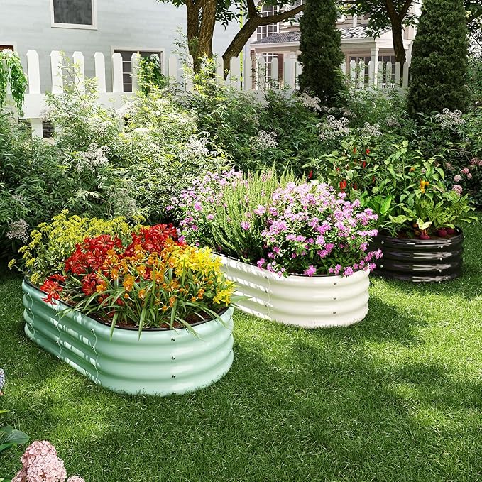 Galvanized Metal Planter Round Raised Garden Bed Kit for Gardening Outdoor，2x2x1ft 2PC Grow Garden Box Raised Flower Bed，Round Galvanized Planter Outdoor Metal Fire Pit Ring Green