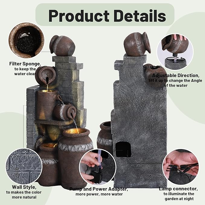 6-Tiers Garden Waterfall Fountain Outdoor - 40''H Water Fountains and Waterfalls, Large Outdoor/Indoor Floor Standing Resin Water Fountain with LED Light for Patio, Garden and Home (Grey)