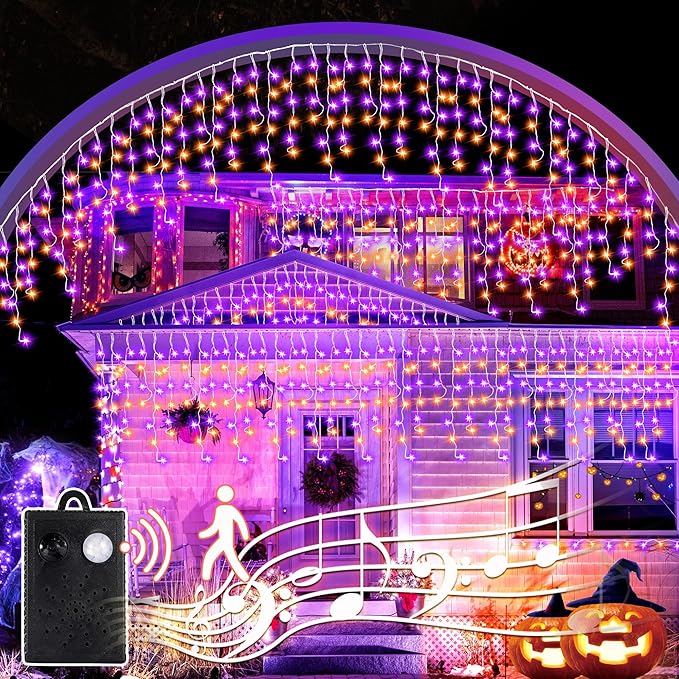 Halloween Icicle Lights with Spook Music Motion Sensing Function - 340LED 29Ft Purple Orange Curtain String Lights - Plug in Lighting for Outdoor Garden Window House Bedroom Halloween Decorations