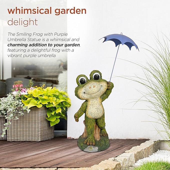 Alpine Corporation QWR1002 Indoor/Outdoor Smiling Frog with Purple Umbrella Garden Statue, Playful Frog Statue, 27" H, Green
