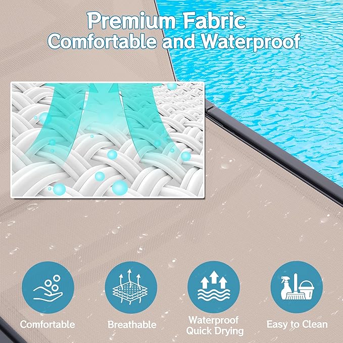 Outdoor Chaise Lounge Chair, Foldable & Assemble-Free, 6 Adjustable Positions, Durable Rust-Resistant Frame, Portable Outdoor Pool Lounge Chairs for Pool Patio Beach, Khaki