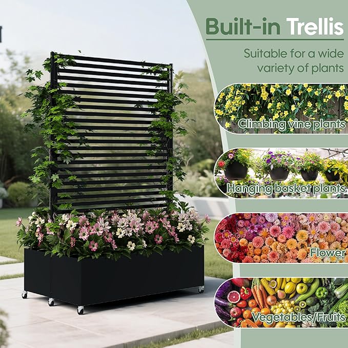 Double Metal Planter Box with Trellis Privacy Screen, Raised Garden Bed with Trellis & Wheels, Planter Box Outdoor with Drainage Holes for Climbing Plants, Vegetable, Vines,73"x 47"x 30", Black