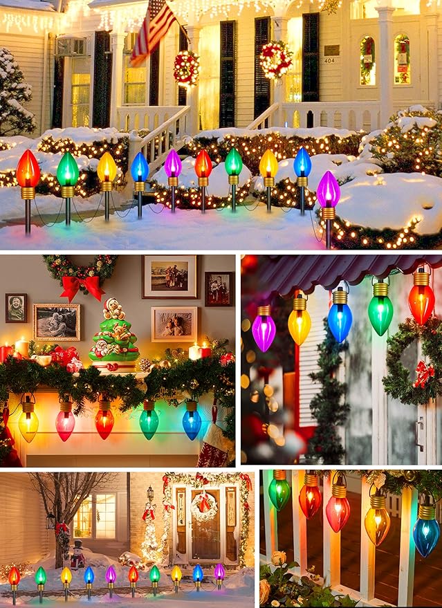 Jumbo C9 Christmas Lights Outdoor Decorations Lawn with Pathway Marker Stakes, 8.5 Feet LED Lights Covered Jumbo Multicolored Light Bulb for Holiday Outside Yard Garden Decor, 5 Lights