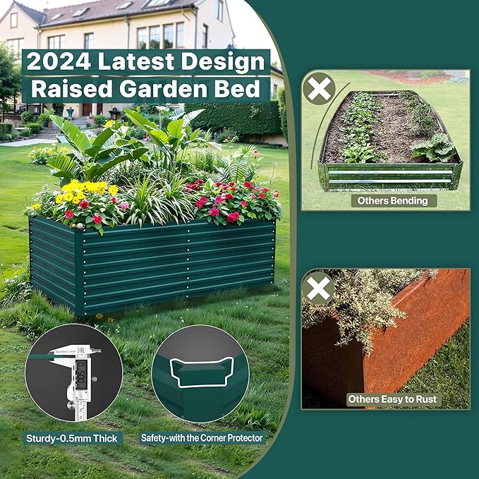 Raised Garden Bed Kit-6x3x2ft-Galvanized Steel-Ideal for Vegetables, Flowers, Herbs-Large Deep Root Planter Box-Tall Design-Includes 3ft x 30ft Weed Barrier Fabric and 1 Pair of Gloves-Green