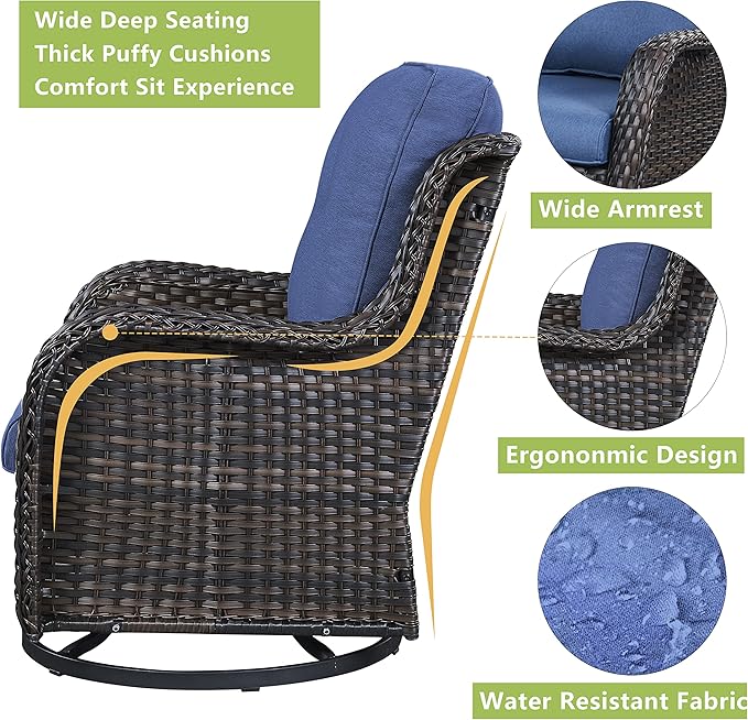 Outdoor Patio Swivel Rocker Chairs - Wicker Rattan Patio Swivel Rocking Chairs Set of 2 with High Back,Deep Seating and Comfort Cushions for Deck Porch Garden,Brown/Blue