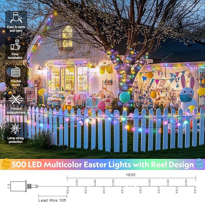 JMEXSUSS 500 LED Easter Lights Outdoor Indoor, 173ft Multicolor Easter String Lights, 8 Modes Colorful Christmas Light Plug in for Room Party Decorations