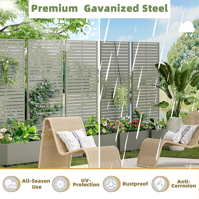 Casaphoria Metal Raised Garden Bed with Trellis and Wheels, 72"x35"x16" Planter Box for Climbing Plants, Vegetables & Vines, Features Drainage Holes and Privacy Screen (Grey-Louvered)