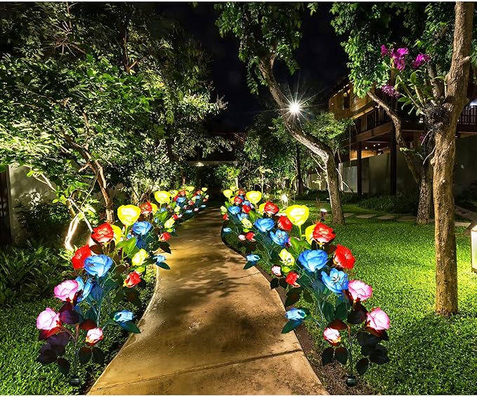 8 Pcs Solar Rose Flower Lights Colorful LED Solar Flower Lights Realistic Outdoor Floral Lights Power Decorative Flower Lights for Garden Patio Yard Pathway Decoration