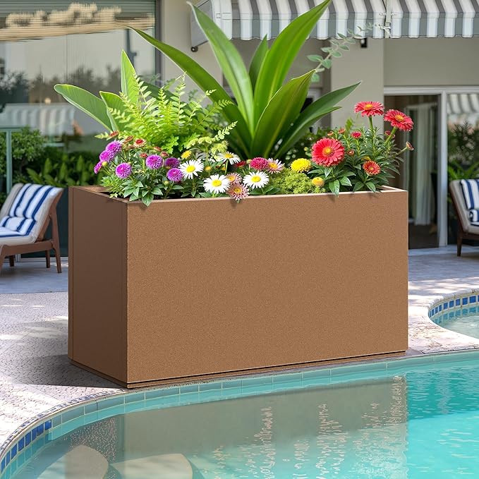 FENCY Metal Rectangular Planter Box, Large Planters for Outdoor Plants, Tall Planters for Outdoor Plants with Drainage Holes (32" L x 10" W x 16.3" H,Brown)