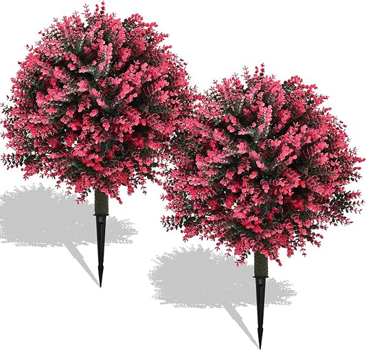 28" Set of 2 Artificial Boxwood Topiary Ball Bush for Outdoor with Ground Spike, UV Resistant Faux Greenery Shrubs, Fake Rose&Green Boxwood Plants for Garden, Yard, Porch, Patio Decor