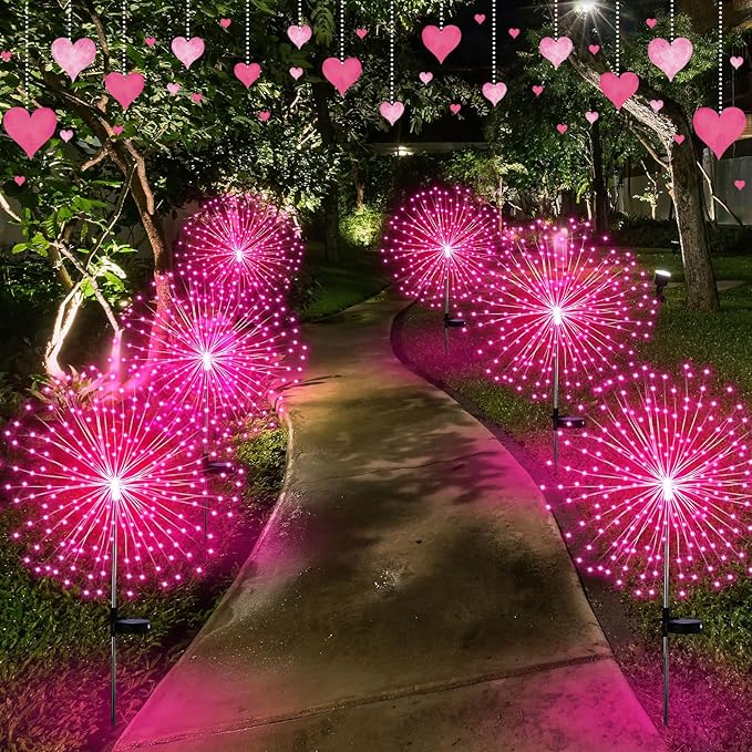 6 Pack Pink Solar Firework Lights 180 LED 8 Lighting Modes Waterproof Outdoor Decorative Solar Lights for Easter Wedding Birthday Garden Patio Yard Pathway Walkway Lawn Decor