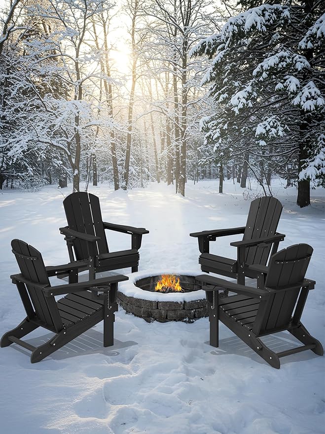 KINGYES Folding Adirondack Chair Set of 4, Dual Cup Holders & All-Weather HDPE, Wood-Like Patio Chair for Backyard, Camping, Pool & Fire Pit, Black