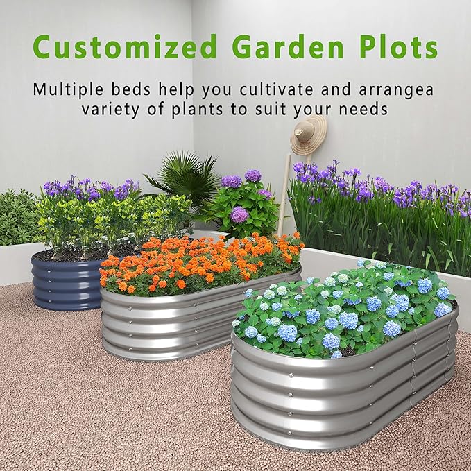 KFN 2PCS 4x1.8x1FT Galvanized Raised Garden Bed,Raised Garden Bed Kit-Oval Metal Vegetable Box,Large Planter Flower Boxes Outdoor,Planting for Vegetables,Flower,Herb,Grey,0.7mm