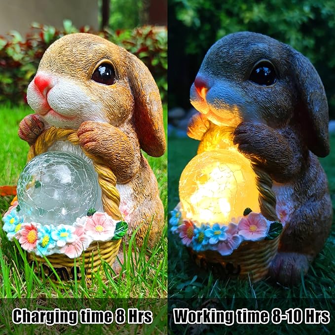Solar Rabbit Garden Outdoor Statues,Resin Rabbit Figurine Carrying Flower Basket and Magic Orb with Solar LED Lights, Lawn Decor Outdoor Statue for Patio, Balcony, Yard Ornament