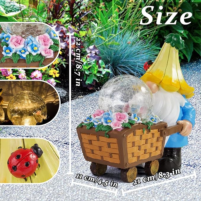 Garden Gnomes Outdoor Decorations Solar Statues,Garden Gnome Decor with LED Lights,Gnomes Clearance for Patio Lawn Decor Gnome Gift for Woman