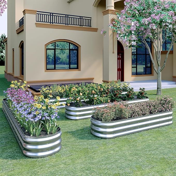 KFN 2pcs Galvanized Raised Garden Bed,Raised Garden Bed Kit-Oval Metal Flower Box,Large Planter Vegetable Box Outdoor,Planting for Vegetables,Flower,Herb,5FT,0.7mm