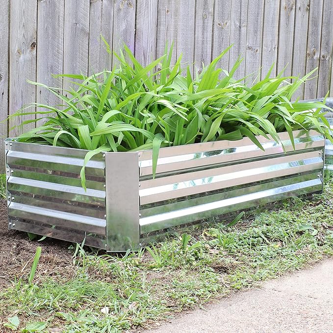 Sunnydaze 11.75" H Raised Metal Garden Bed - Galvanized Raised Garden Bed Outdoor for Vegetables and Flowers - Woodgrain - 4' x 2' Silver