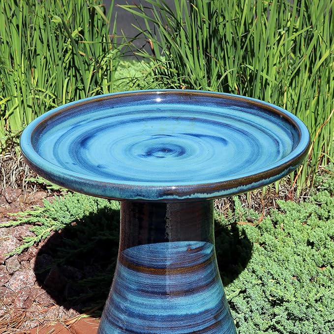 Sunnydaze 21" H Ceramic Bird Bath for Outside - Hand-Painted Outdoor Bird Bath Bowl, UV/Frost-Resistant Finish - Galaxy Blue - Classic Pedestal