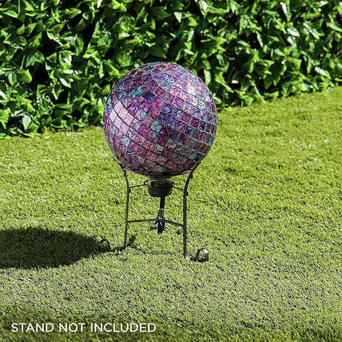 Alpine Corporation 10" Diameter Indoor/Outdoor Glass Mosaic Gazing Globe Yard Decoration, Purple Embossed Tile