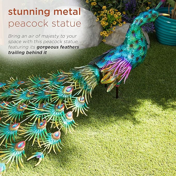 Alpine Corporation HEH378 Metal Jumbo Sized Majestic Peacock Decor, Elegant Garden & Patio Bird Statue, 33" H, Blue