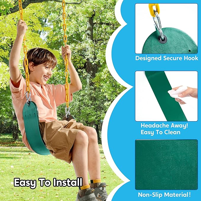 TURFEE Heavy Duty Swing Seat Green Color with 66” Chain, Swing Set Accessories Replacement with Snap Hooks for Kids Outdoor Play Playground