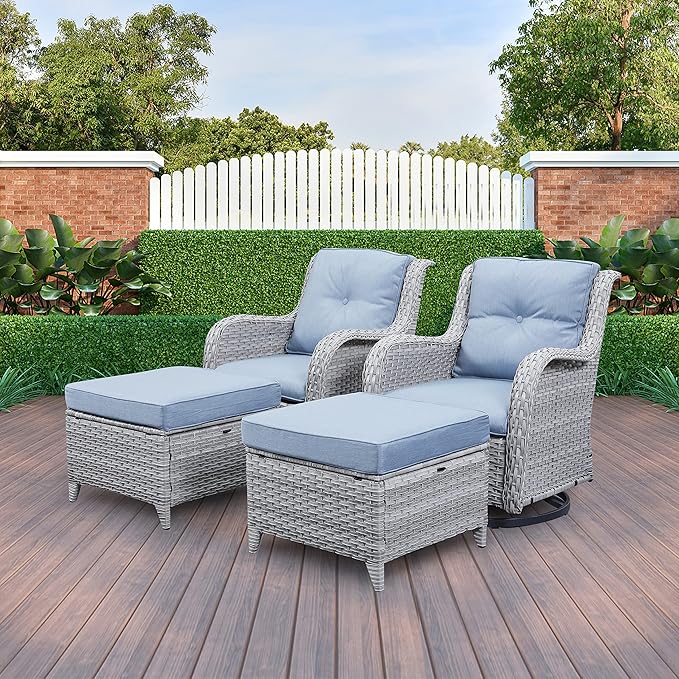 5 Piece Outdoor Patio Furniture Set - Wicker Furniture Patio Conversation Set, Outdoor Swivel Rocker Chairs with 3-Seater Sofa and 2 Ottomans for Small Space, Baby Blue Cushion