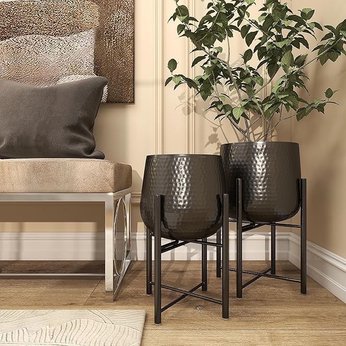 CosmoLiving by Cosmopolitan Metal Indoor Outdoor Planter Large Planter Pot with Removable Stand, Set of 2 Planters 19", 17"H, Black