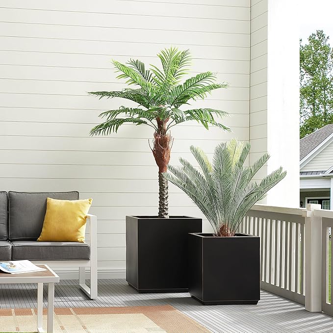 Metallic Heavy Cube Planter Box, No Assemble, Seamless Large Square Planter for Trees, Plants and Flowers 21”Lx21”Wx24”H 35Pounds Black with Hand Brushed Gold Rim