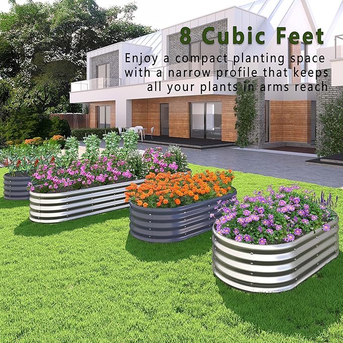 KFN 8x1.8x1FT Galvanized Raised Garden Bed,Raised Garden Bed Kit-Oval Metal Vegetable Box,Large Planter Flower Boxes Outdoor,Planting for Vegetables,Flower,Herb,Grey,0.7mm