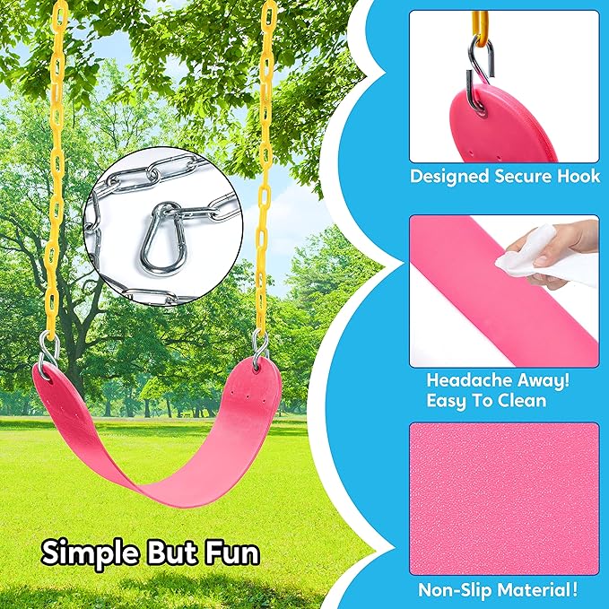 TURFEE 2 Packs Heavy Duty Swing Seat, Swing Set Accessories Replacement with 4 Snap Hooks for Kids Outdoor Play Playground, Trees, Swingsets, Playground(Pink)