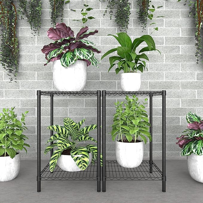 Xiofio 2 Tier Metal Plant Stand for Indoor and Outdoor Plant Shelf, Multi-Functional Adjustable Shelf Plant Stands Flower Stands With hanger rod for Living Room Balcony and Garden,Black