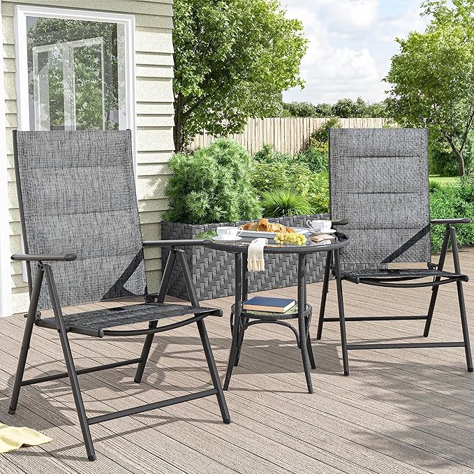 UDPATIO Patio Folding Dining Chairs Set of 2, Folding Lawn Chairs for Adults with Padded All Weather Breathable Textilene, Portable Chairs with Steel Frame, No Assembly, Dark Grey